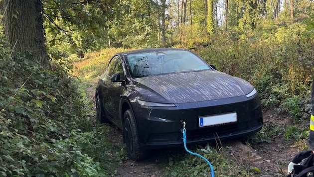 Die Feuerwehr musste das E-Auto mit einem Traktor bergen.