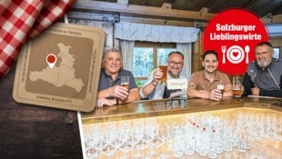 Opa Hans, Wirt René, Sohn Jakob und Onkel Walter stoßen bei der Hausbar an – ein ...