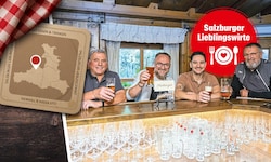 Opa Hans, Wirt René, Sohn Jakob und Onkel Walter stoßen bei der Hausbar an – ein ...