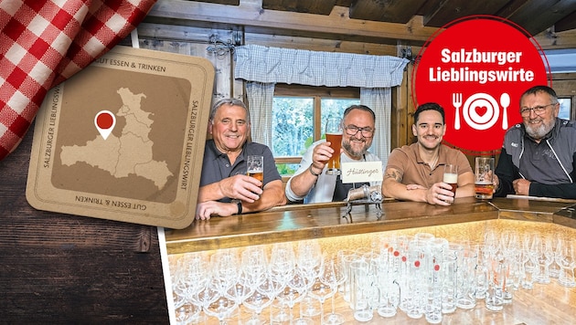 Opa Hans, Wirt René, Sohn Jakob und Onkel Walter stoßen bei der Hausbar an – ein ...