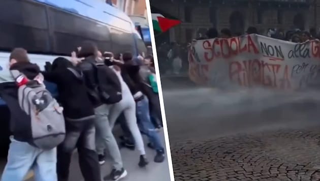 Videos zeigen, wie Schüler in Italien versuchen, einen Bus der Polizei umzuwerfen.