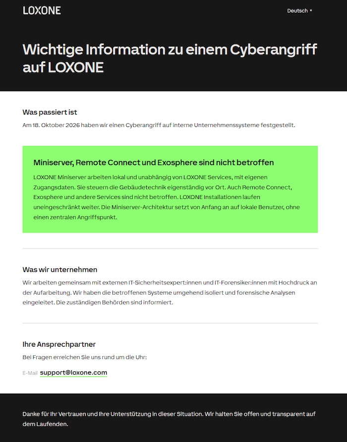 Die Stellungnahme von Loxone auf der eigenen Homepage.