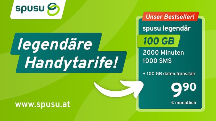 Mit „spusu legendär“ gibt es aktuell 100 GB um nur 9,90 Euro monatlich – ganz ohne ...