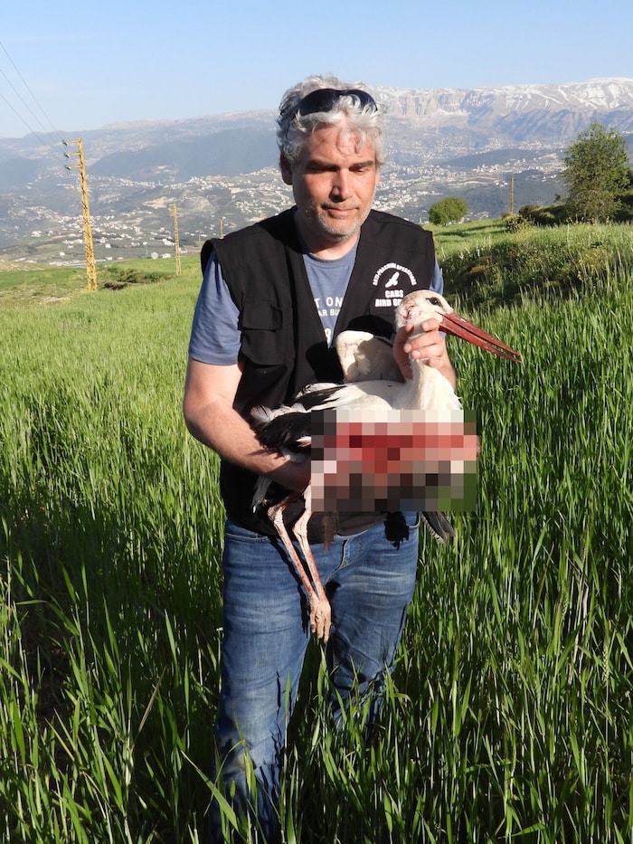 Einer der Tierschützer mit einem angeschossenen Storch.
