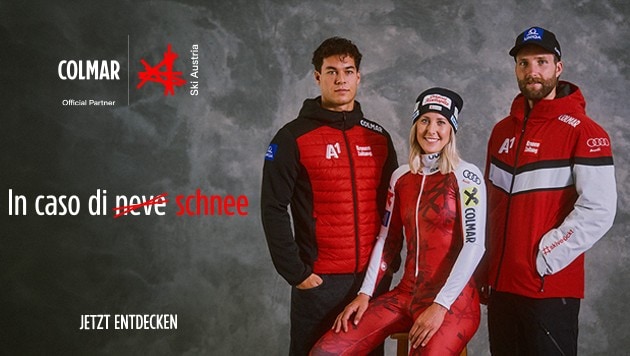 v.l. Lukas Feurstein, Conny Hütter und Marco Schwarz in der neuen Ski-Austria-Kollektion von ...