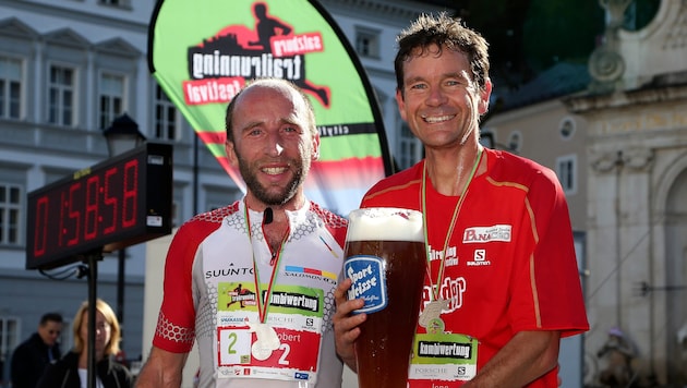 Der mehrfache Berglauf-Weltmeister Jonathan Wyatt (re.) war auch Teilnehmer des Trailrunning ...