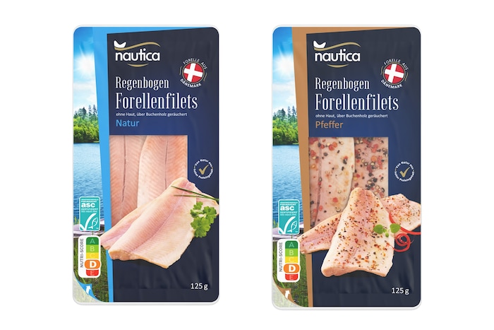 Die „Regenbogen Forellenfilets Natur, 125g“ und „Regenboden Forellenfilets Pfeffer, 125g“ werden ...