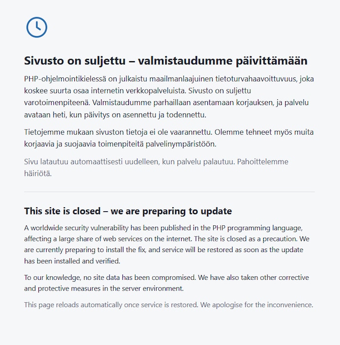 „Die Website ist geschlossen – wir bereiten eine Aktualisierung vor“, heißt es auf dieser ...