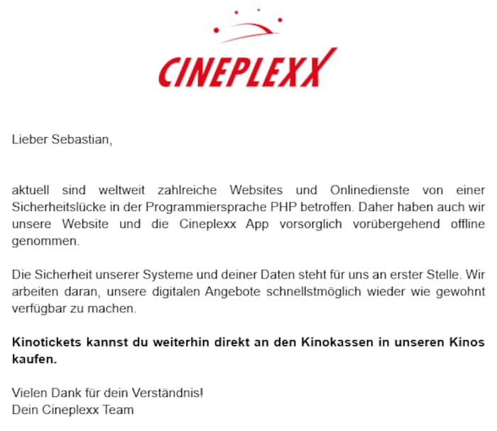 Per E-Mail benachrichtigte Cineplexx seine Kunden über den Ausfall.