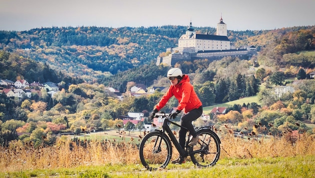 Mit dem City-E-Bike in der Rosalia-Region. Im Hintergrund die Burg Forchtenstein, eines der ...