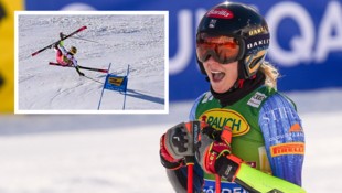 Mikaela Shiffrin (rechts) liegt in Führung. Für Julia Scheib gab es einen bösen Sturz. 