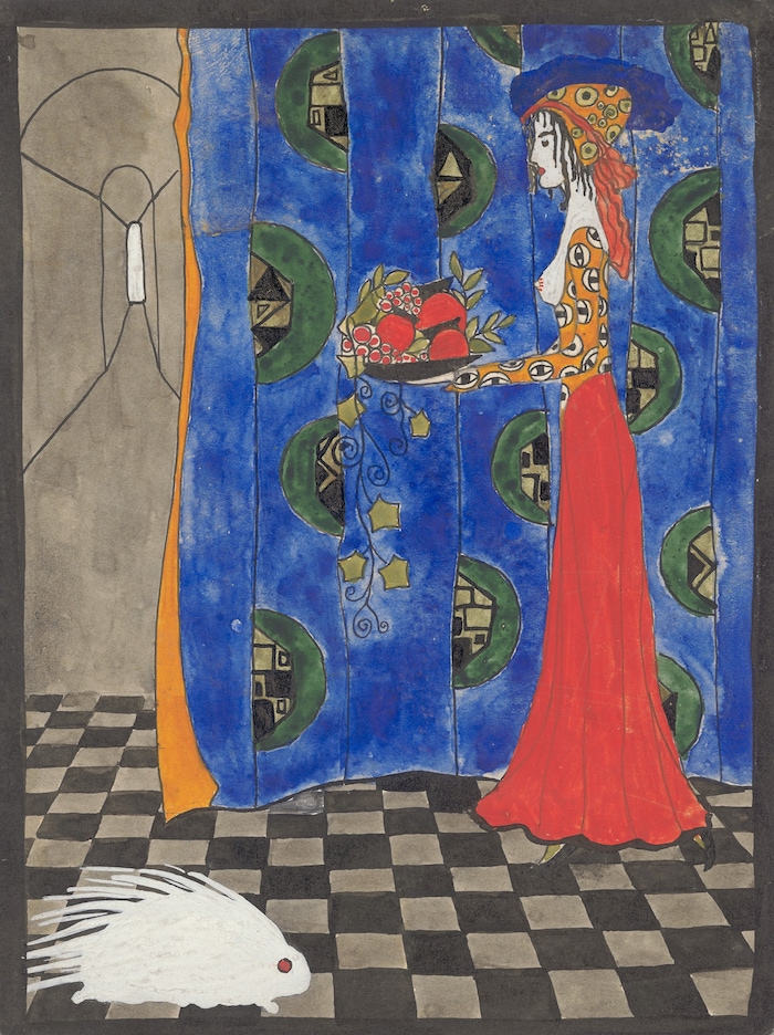 Lilith Lang: Frau mit Fruchtschale und Stachelschwein, ca. 1909 20 cm × 15 cm, Aquarell, ...