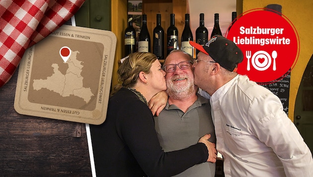 Die Wirtsleute Andrea Häfele und Stefan Rettenmoser mit Stammgast Peter Schreder in der Mitte.
