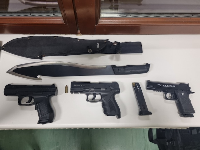 Die Polizei stellte bei Hausdurchsuchungen u.a. Schreckschusspistolen, eine Machete und ...