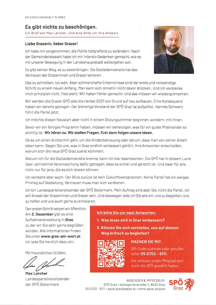 Der Brief des SPÖ-Chefs, der Anfang November in den Postkästen der Grazerinnen und Grazer landen ...
