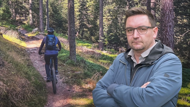 Mit Zahnseide wurde im Wald in Traun von einem Unbekannten eine Falle für Mountainbiker ...
