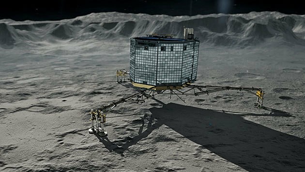 Künstlerische Darstellung: Der Landeroboter "Philae" auf "Tschuri" (Bild: DLR (CC-BY 3.0))