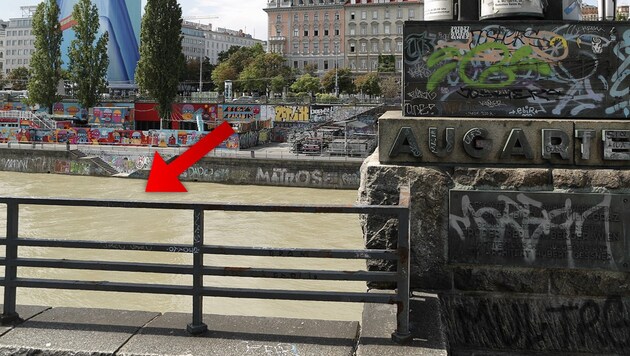 Hier endete die Flucht des Asylwerbers: Polizisten zogen den Räuber aus dem Donaukanal. (Bild: Gerhard Bartel, krone.at-Grafik)