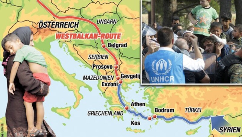 Die berüchtigte Balkanroute (Bild: "Krone"-Grafik, AP)