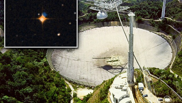 Das Arecibo-Teleskop empfängt Signale des Sterns Ross 128 (kleines Bild) (Bild: NAIC, PHL, krone.at-Grafik)