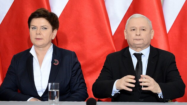 Ministerpräsidentin Szydlo und Parteikollege Jaroslaw Kaczynski im Visier der EU-Vertragshüter (Bild: AFP)
