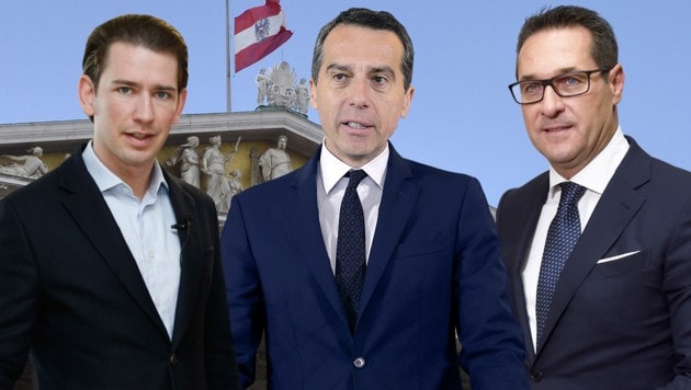 Sebastian Kurz (ÖVP), Christian Kern (SPÖ), Heinz-Christian Strache (FPÖ) (Bild: APA, krone.at-Grafik)