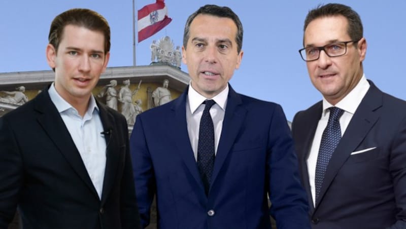 Sebastian Kurz (ÖVP), Christian Kern (SPÖ), Heinz-Christian Strache (FPÖ) (Bild: APA, krone.at-Grafik)