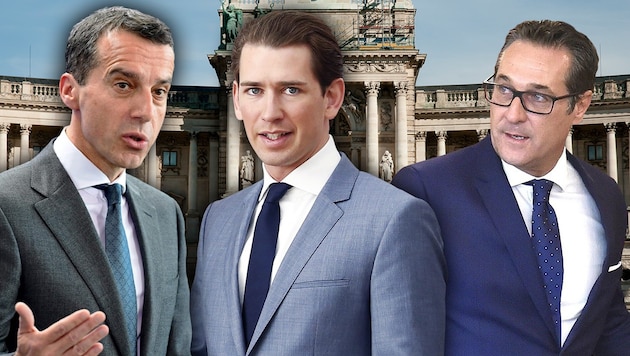Ex-SPÖ-Chef Kern, Bundeskanzler Sebastian Kurz, Vizekanzler Heinz-Christian Strache (Bild: APA, krone.at-Grafik)