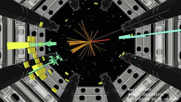 Illustration: So sieht der Zerfall eines Higgs-Bosons in zwei Quarks im ATLAS-Detektor aus. (Bild: CERN/ATLAS Collaboration)