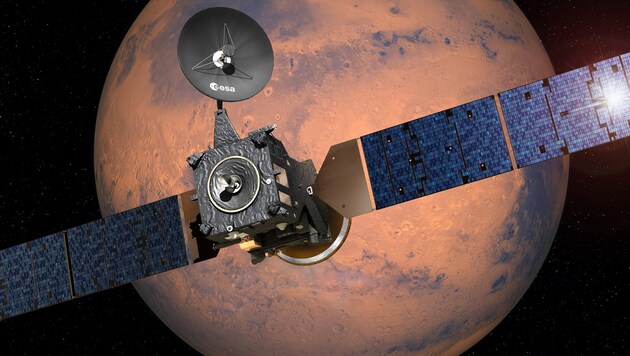 Illustration: Der "Trace Gas Orbiter" auf seiner Bahn um den Mars (Bild: ESA/D. Ducros)