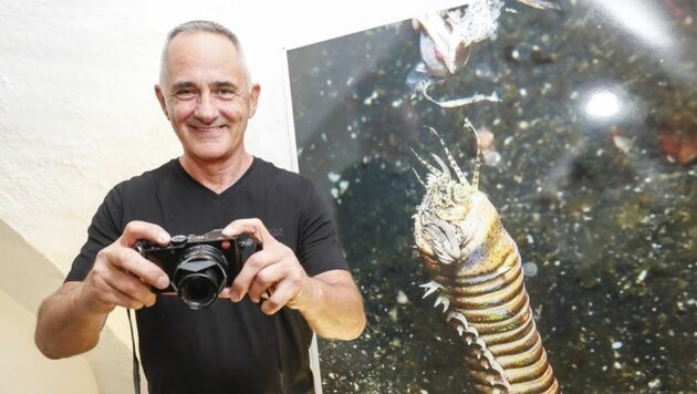 Manfred Wakolbinger zeigt auf der Festung faszinierende Unterwasser-Aufnahmen. (Bild: Markus Tschepp)