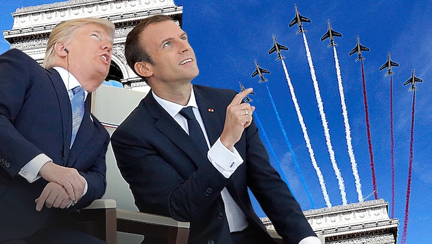 Trump und Frankreichs Präsident Emmanuel Macron bei der Parade am 14. Juli 2017 in Paris (Bild: AP)