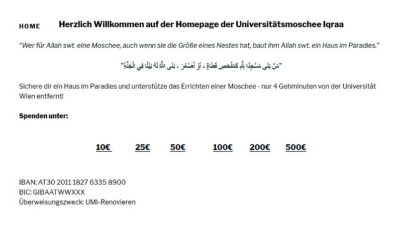 Auf der Website der Initiative kann man für das Errichten einer Moschee spenden. (Bild: uni-moschee.at)