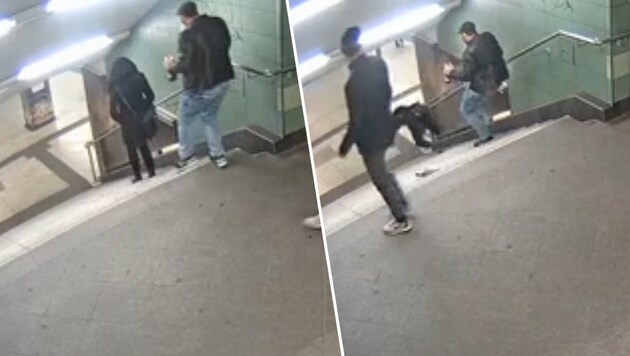 Mit diesen Bildern wurde nach dem brutalen Vorfall nach dem U-Bahn-Treter gefahndet. (Bild: Polizei Berlin)