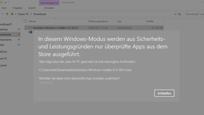 Wer auf Windows 10 S ein Programm per Installer aufspielen will, sieht diese Fehlermeldung. (Bild: Domnik Erlinger)