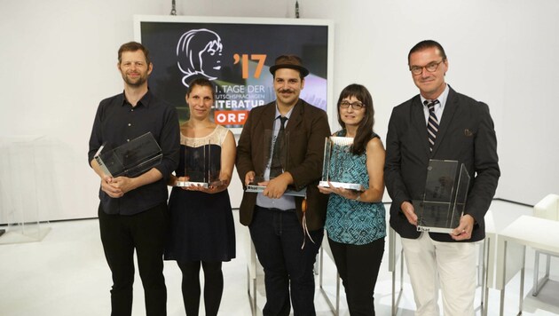 Preisträger John Wray, Gianna Molinari, Ferdinand Schmalz, Karin Peschka, Eckhart Nickel (v. li.). (Bild: Johannes Puch)