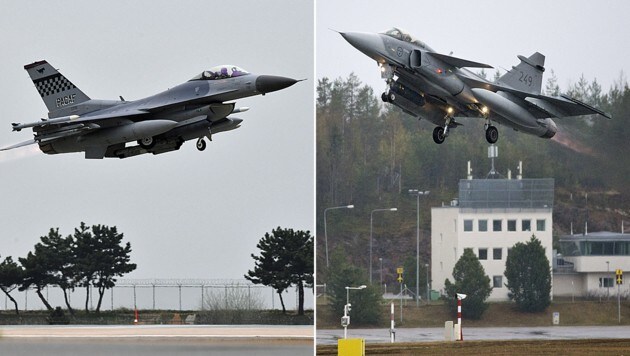 F-16 (li.) oder Gripen (re.) als mögliche Eurofighter-Nachfolger (Bild: AFP)