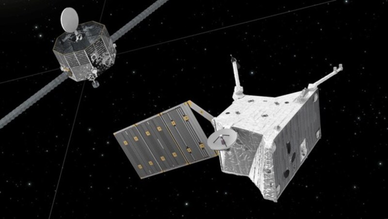 Illustration: Die Merkur-Sonde MPO (rechts) und MMO (links) der Mission "BepiColombo" (Bild: ESA/ATG medialab)