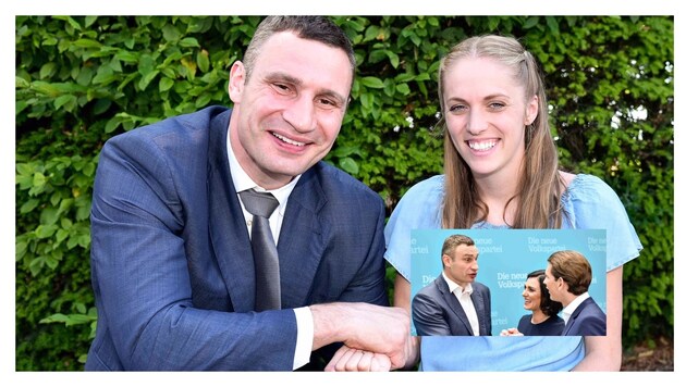 Vitali Klitschko mit Kira Grünberg sowie Sebastian Kurz und Elisabeth Köstinger (kl.Bi.) in Linz. (Bild: Markus Wenzel (2))