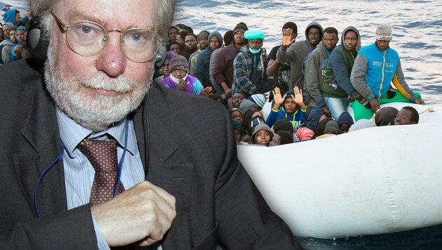 Migrationsexperte Sir Paul Collier fordert die Schließung der Mittelmeerroute. (Bild: AP, AFP, krone.at-Grafik)