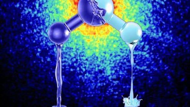 Künstlerische Darstellung der beiden zähflüssigen Formen von Wasser vor einem Röntgenbeugungsbild (Bild: Mattias Karlén)