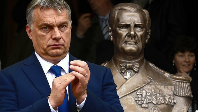 Viktor Orban und eine Statue von Ungarns Reichsverweser Miklos Horthy (Bild: AFP/Ferenc Isza, AFP/Attila Kisbenedek, krone.at-Grafik)