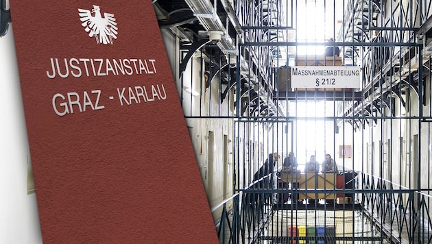 In der Haftanstalt Graz-Karlau soll der verurteilte Terrorist Lorenz K. mit zwei Komplizen eine Terrorzelle gebildet haben. (Bild: APA/ERWIN SCHERIAU, krone.at-Grafik)