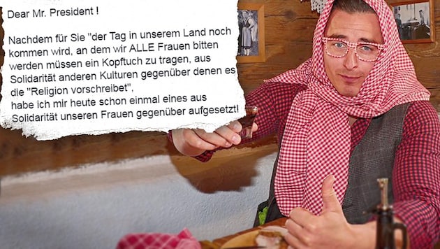 Andreas Gabalier posiert mit Kopftuch und Kernöl-Stamperl. (Bild: Sepp Pail, Screenshot facebook.com)
