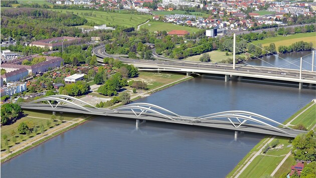 Die neue Linzer Donaubrücke (vorne): Die Bögen sind nur Zierde. (Bild: Marc Mimram)
