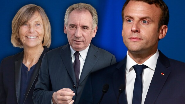 Von links nach rechts: Marielle de Sarnez, Francois Bayrou und Emmanuel Macron (Bild: AFP, krone.at-Grafik)