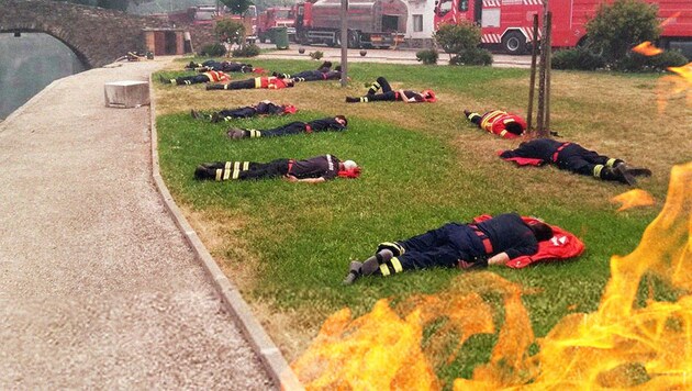 Im ersten Moment wirken sie wie tot, doch tatsächlich holen diese Feuerwehrleute nur Schlaf nach. (Bild: facebook.com, thinkstockphotos.de, krone.at-Grafik)