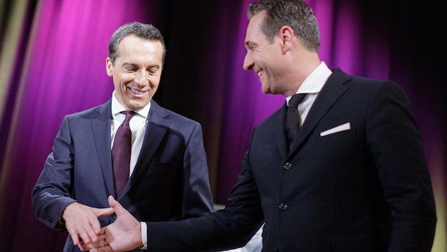 Handshake zwischen Kern und Strache - auch nach der Wahl? (Bild: APA/GEORG HOCHMUTH)