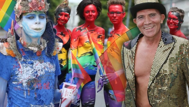 Höchst farbenfroh präsentieren sich die Teilnehmer der Regenbogenparade 2017 in Wien. (Bild: Peter Tomschi)