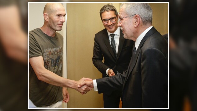 Zinedine Zidane mit Arno Kompatscher und Alexander Van der Bellen (Bild: HBF Lechner)